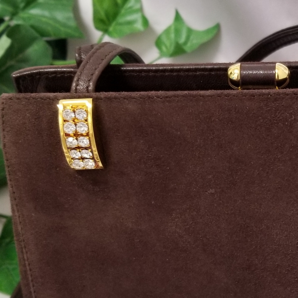 Henri Bendel RARE Vintage Brown Suede Swarovski Crystal Crossbody Made in Italy - Picture 4 of 15